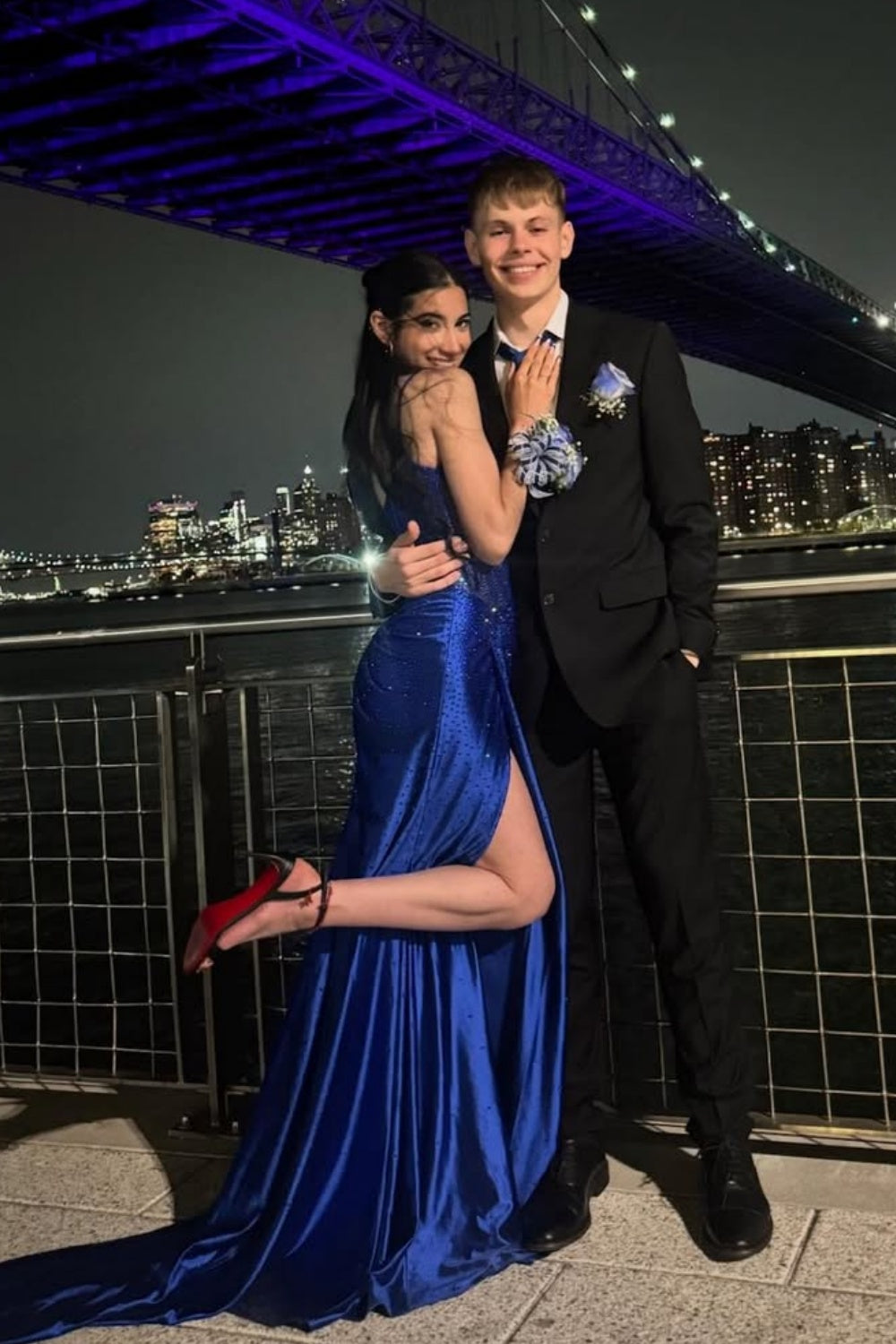 Beaded Spaghetti Strap Ruched Mermaid Prom Dress in Royal Blue
