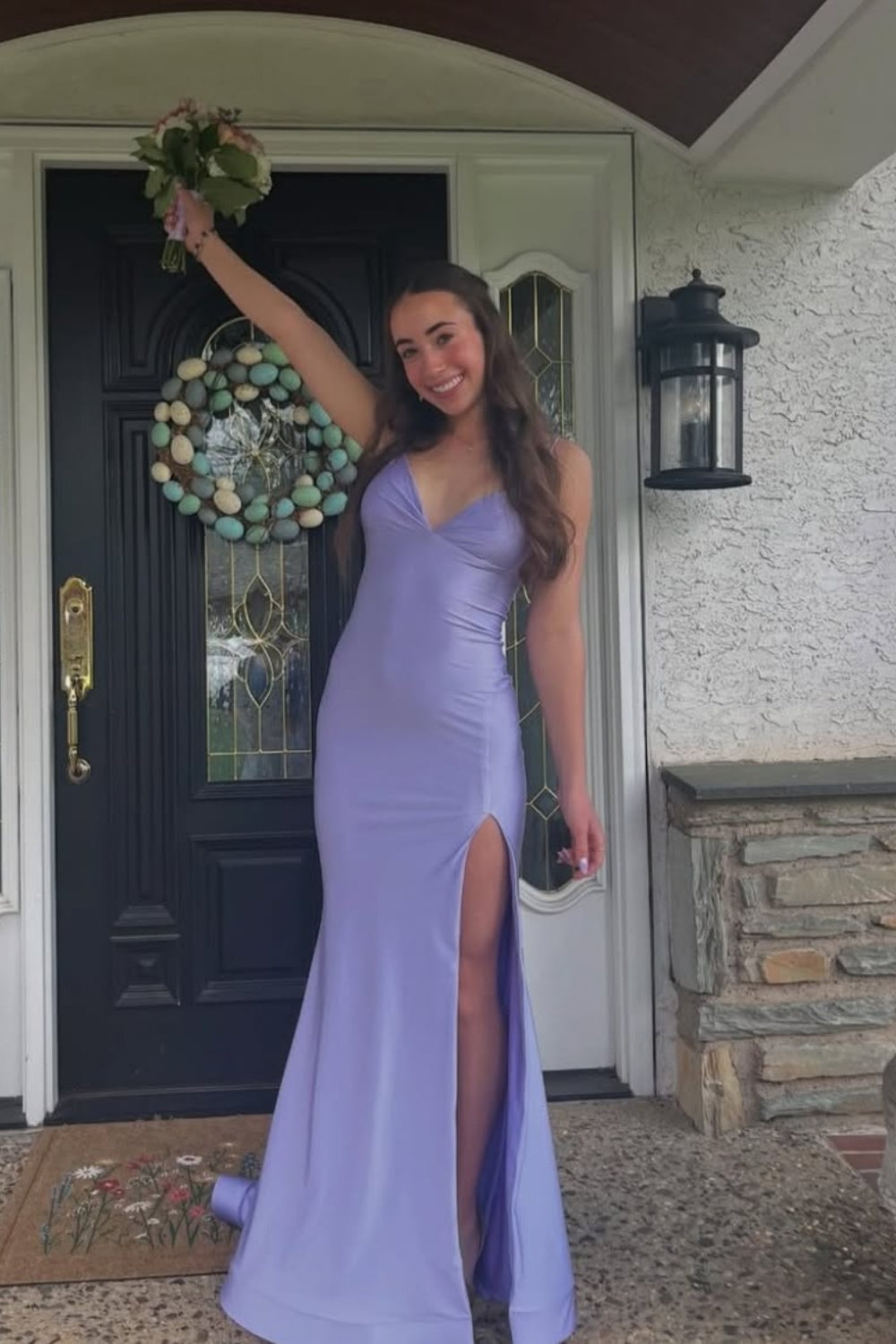 Mermaid Spaghetti Strap Lace-up Back Prom Dress in Lavender