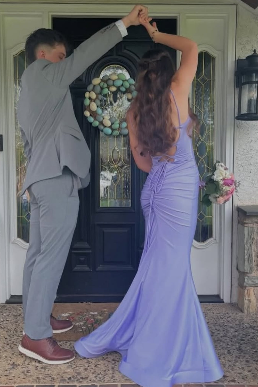 Mermaid Spaghetti Strap Lace-up Back Prom Dress in Lavender