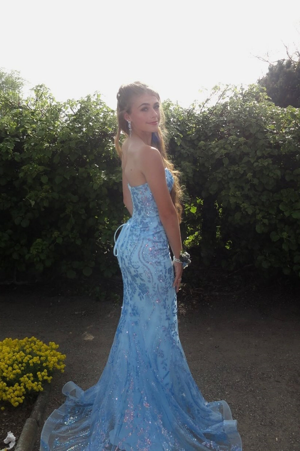 Sequin Beaded Appliques Mermaid Lace-up Back Prom Dress in Blue