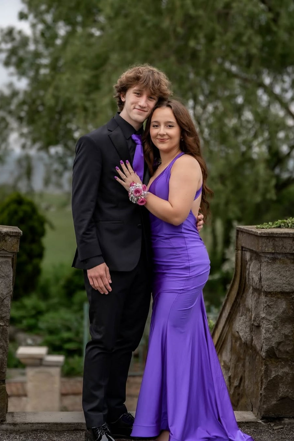 V-neck Mermaid Ruched Prom Dress with Slit in Purple
