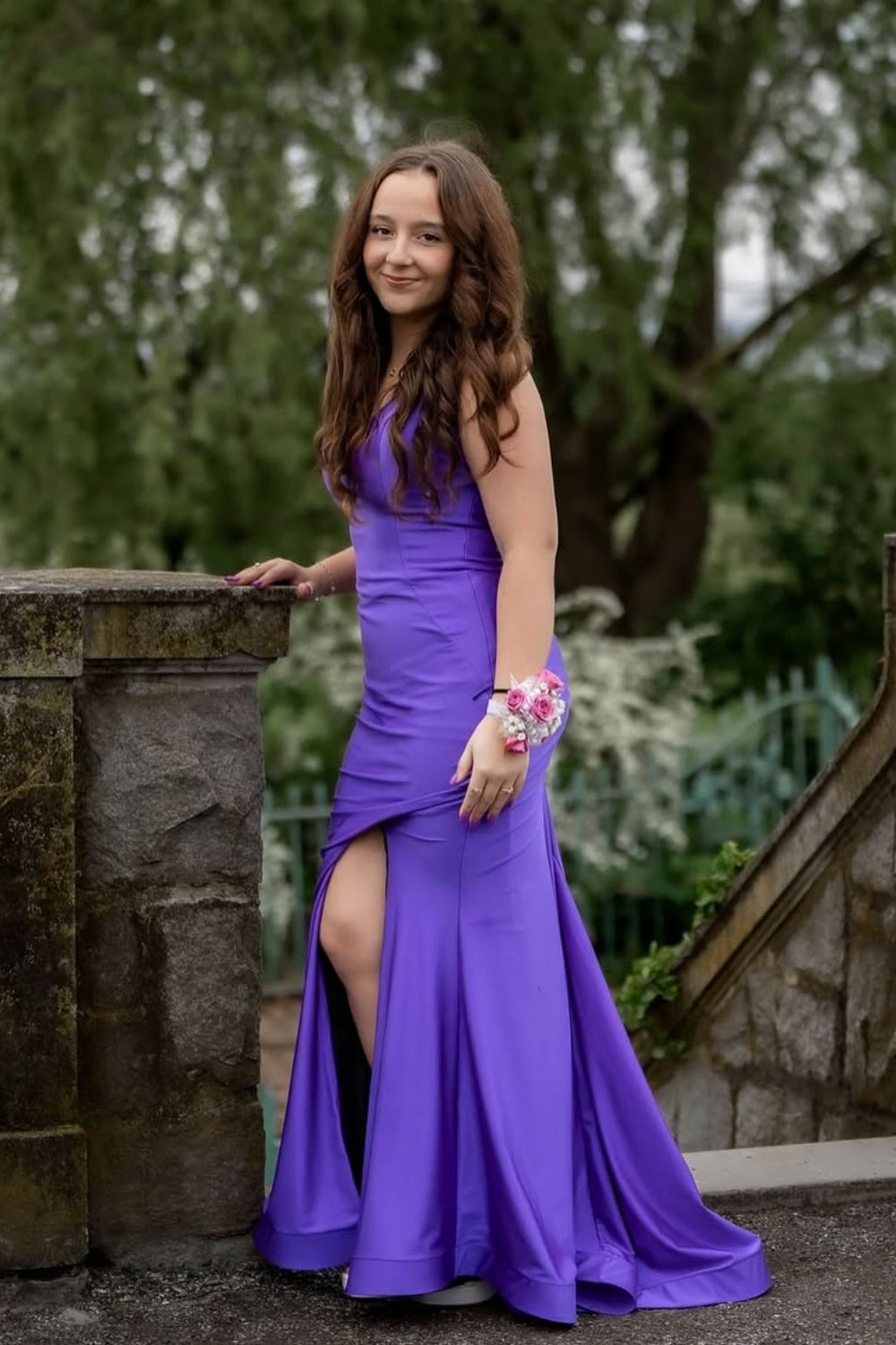 V-neck Mermaid Ruched Prom Dress with Slit in Purple
