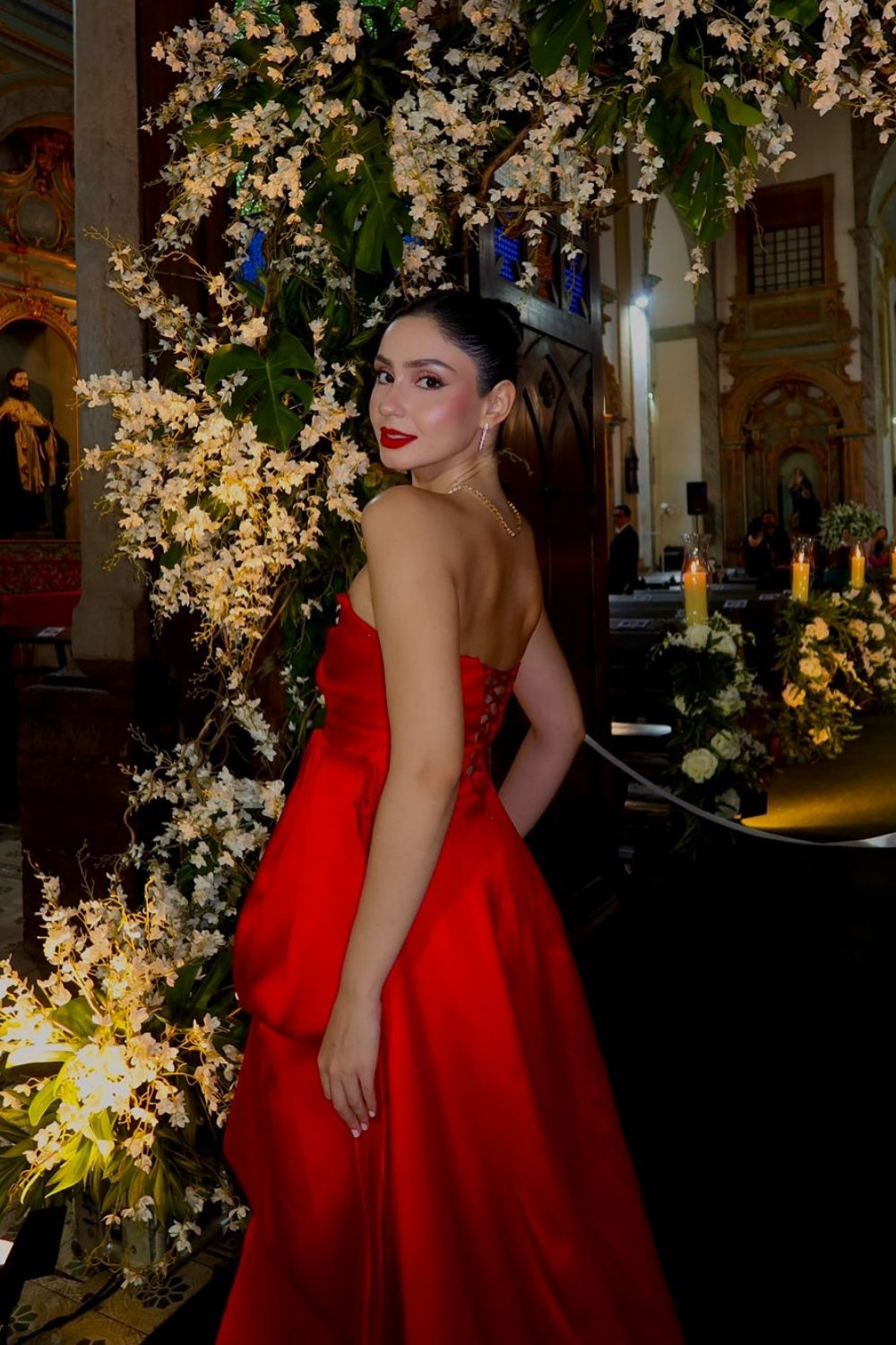 Strapless A-line Ruffle Lace-up Back Prom Dress in Red