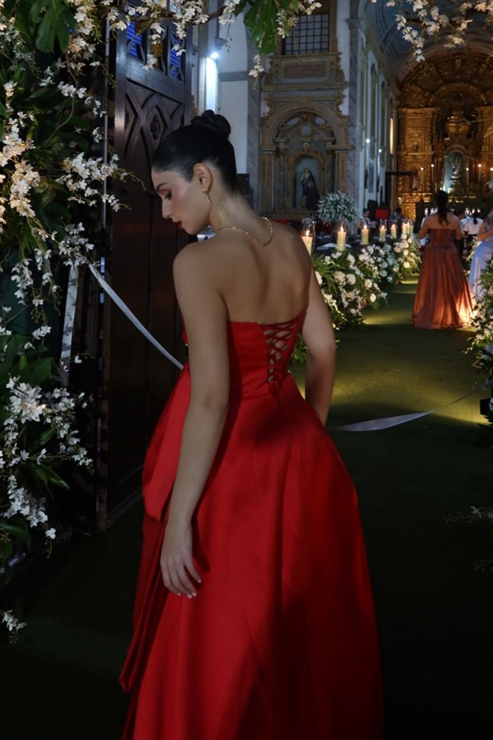 Strapless A-line Ruffle Lace-up Back Prom Dress in Red