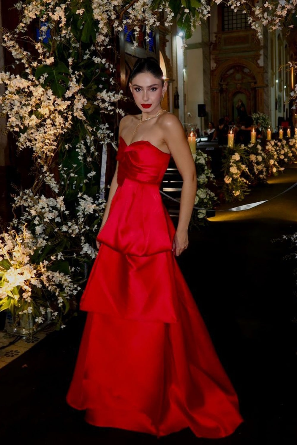 Strapless A-line Ruffle Lace-up Back Prom Dress in Red