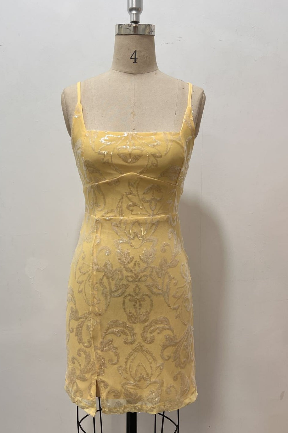 Square Neck Sequin Fitted Lace-up Back Homecoming Dress in Yellow