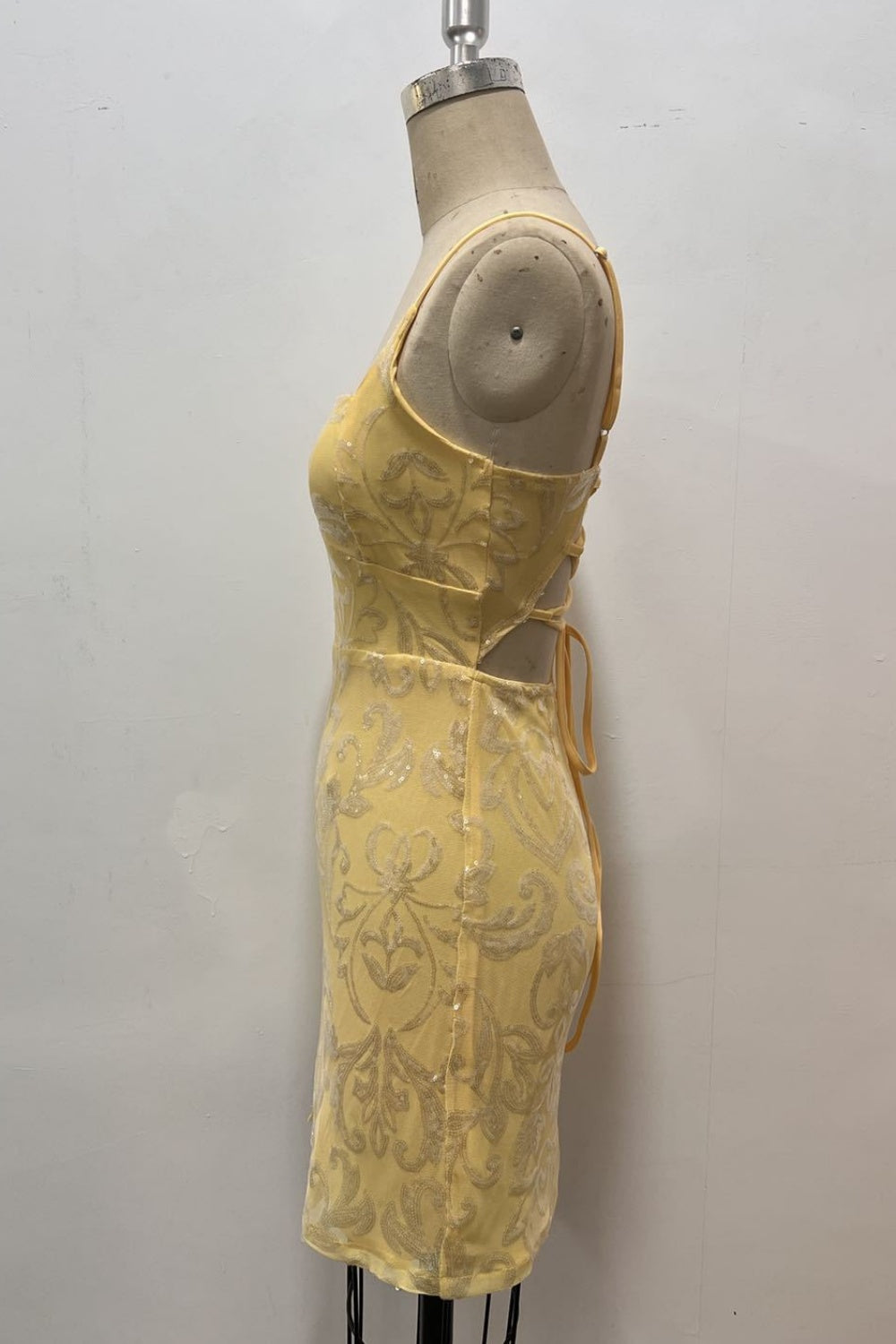 Square Neck Sequin Fitted Lace-up Back Homecoming Dress in Yellow