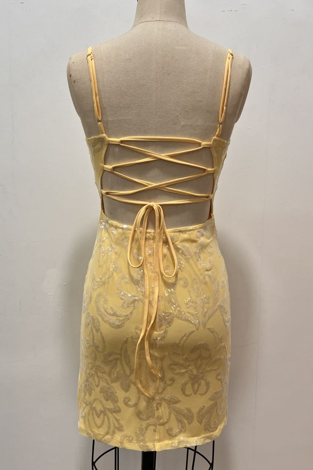 Square Neck Sequin Fitted Lace-up Back Homecoming Dress in Yellow