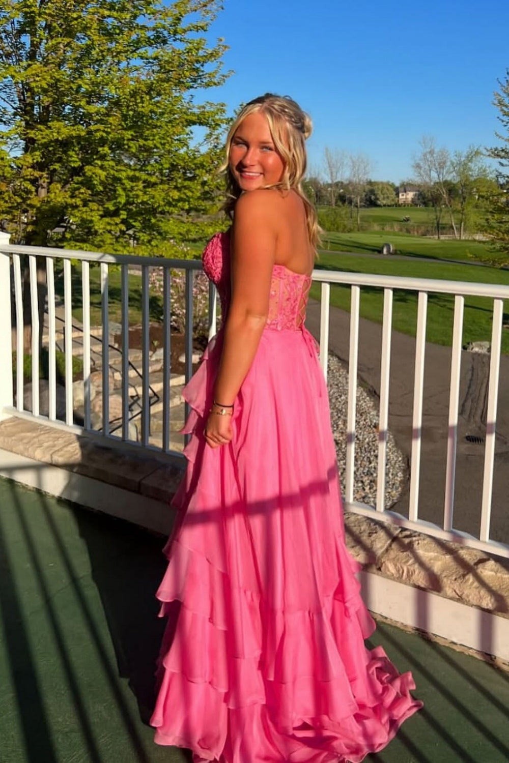 Lace Appliques Sweetheart A-line Ruffle Prom Dress in Pink