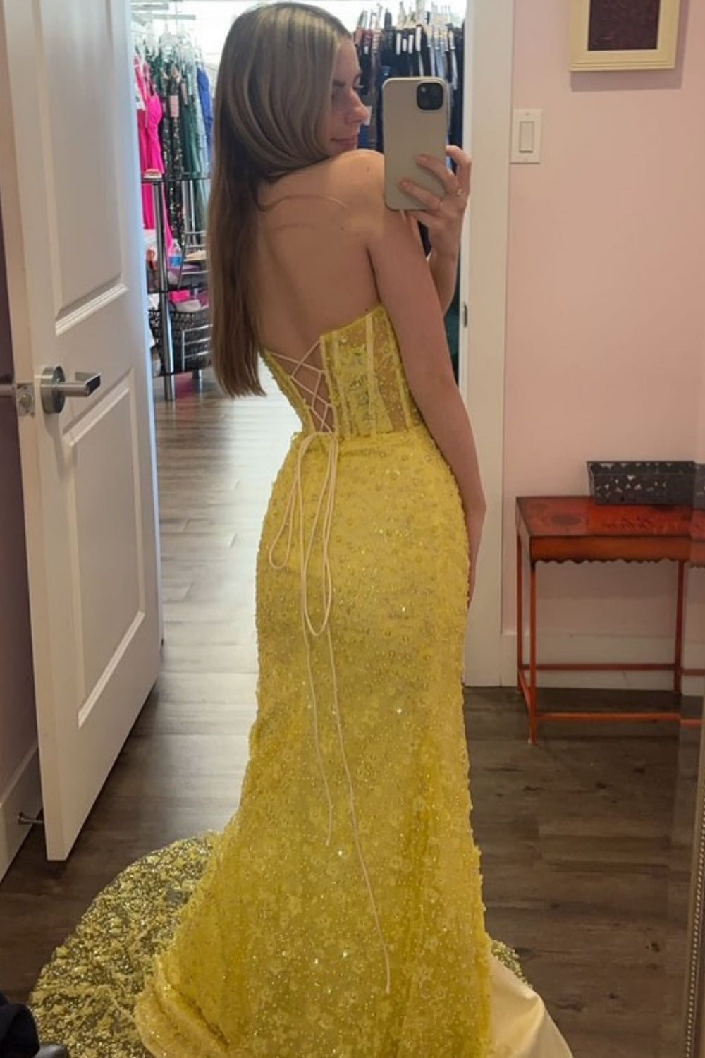 Sequin Sweetheart Illusion Mermaid Prom Dress in Yellow