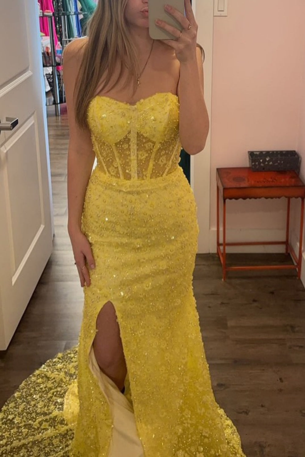 Sequin Sweetheart Illusion Mermaid Prom Dress in Yellow