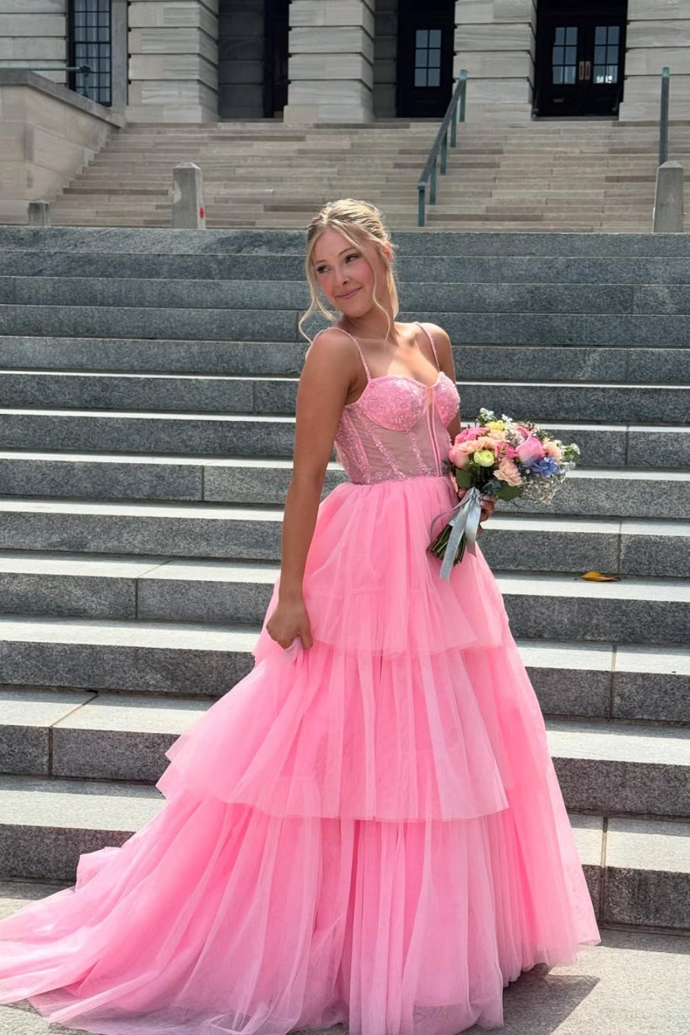 A-line Ruffle Lace Appliques Tulle Prom Dress in Pink