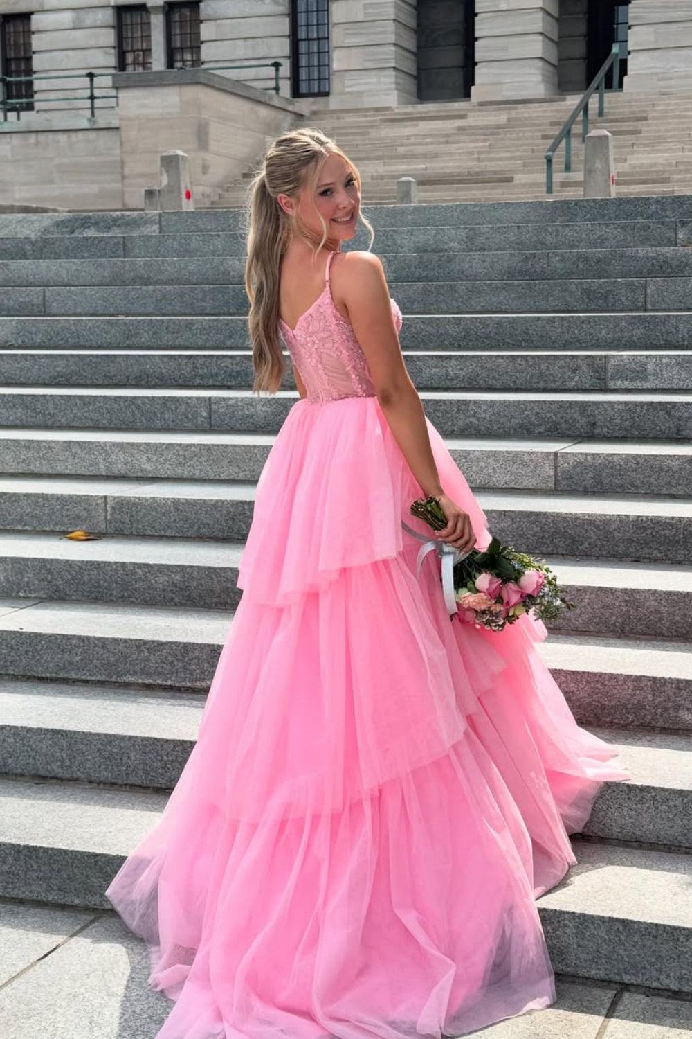 A-line Ruffle Lace Appliques Tulle Prom Dress in Pink