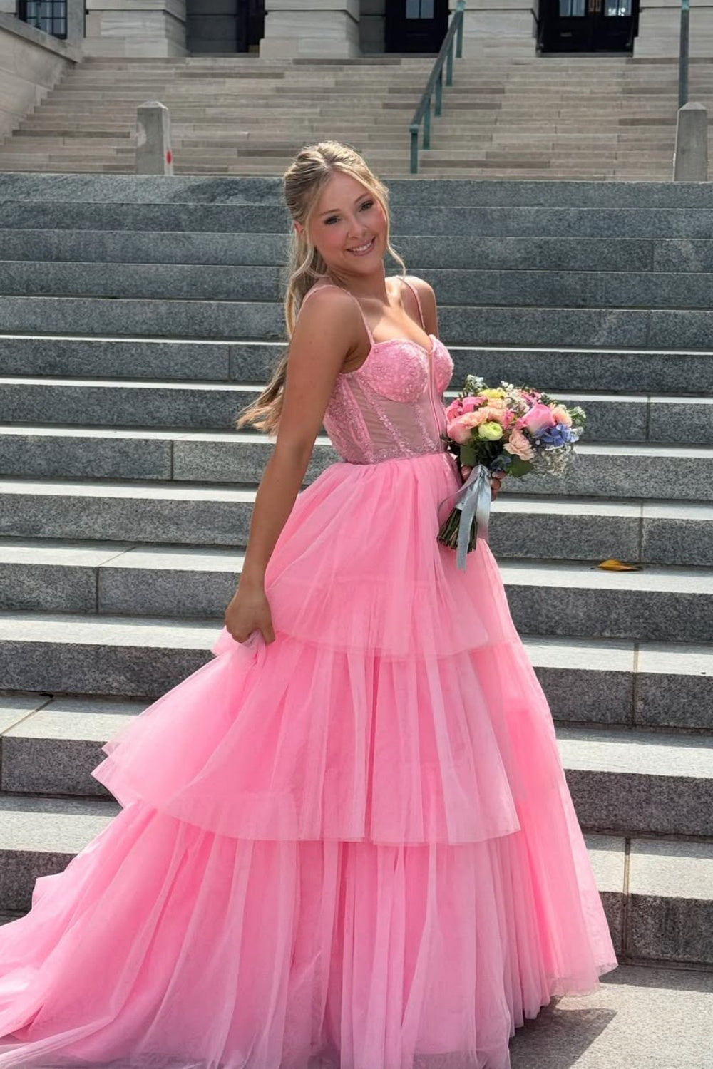 A-line Ruffle Lace Appliques Tulle Prom Dress in Pink
