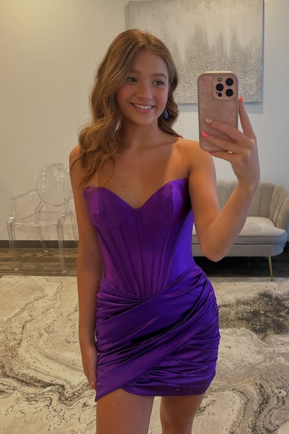 Sweetheart Fitted Ruched Short Homecoming Dress in Purple
