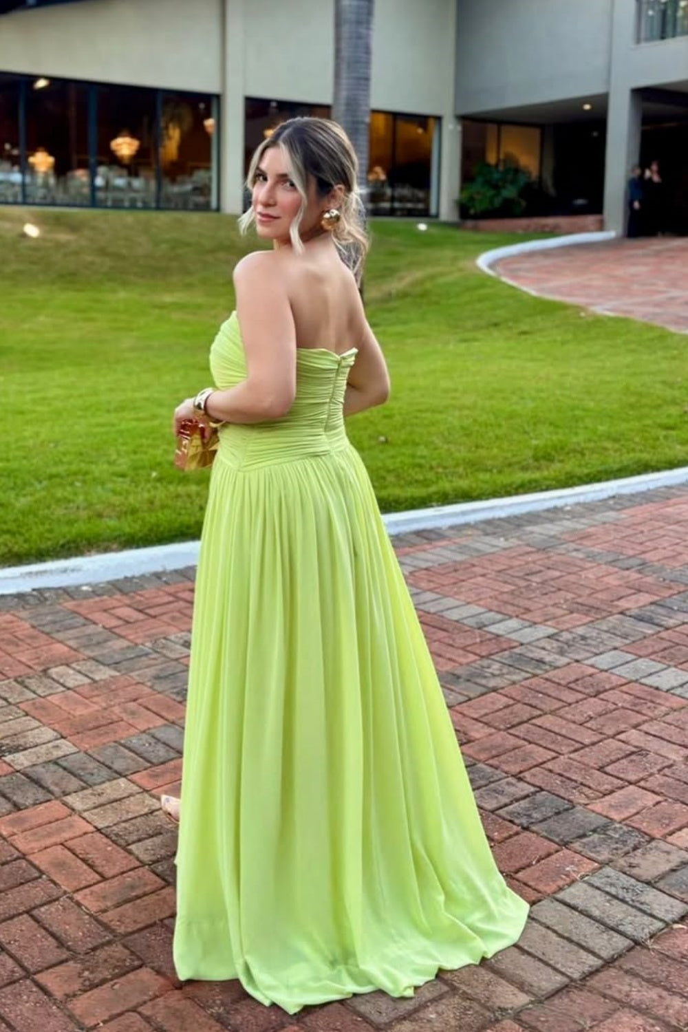 V-neck Ruched Prom Dress in Apple Green