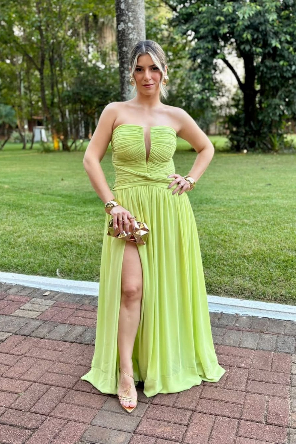 V-neck Ruched Prom Dress in Apple Green