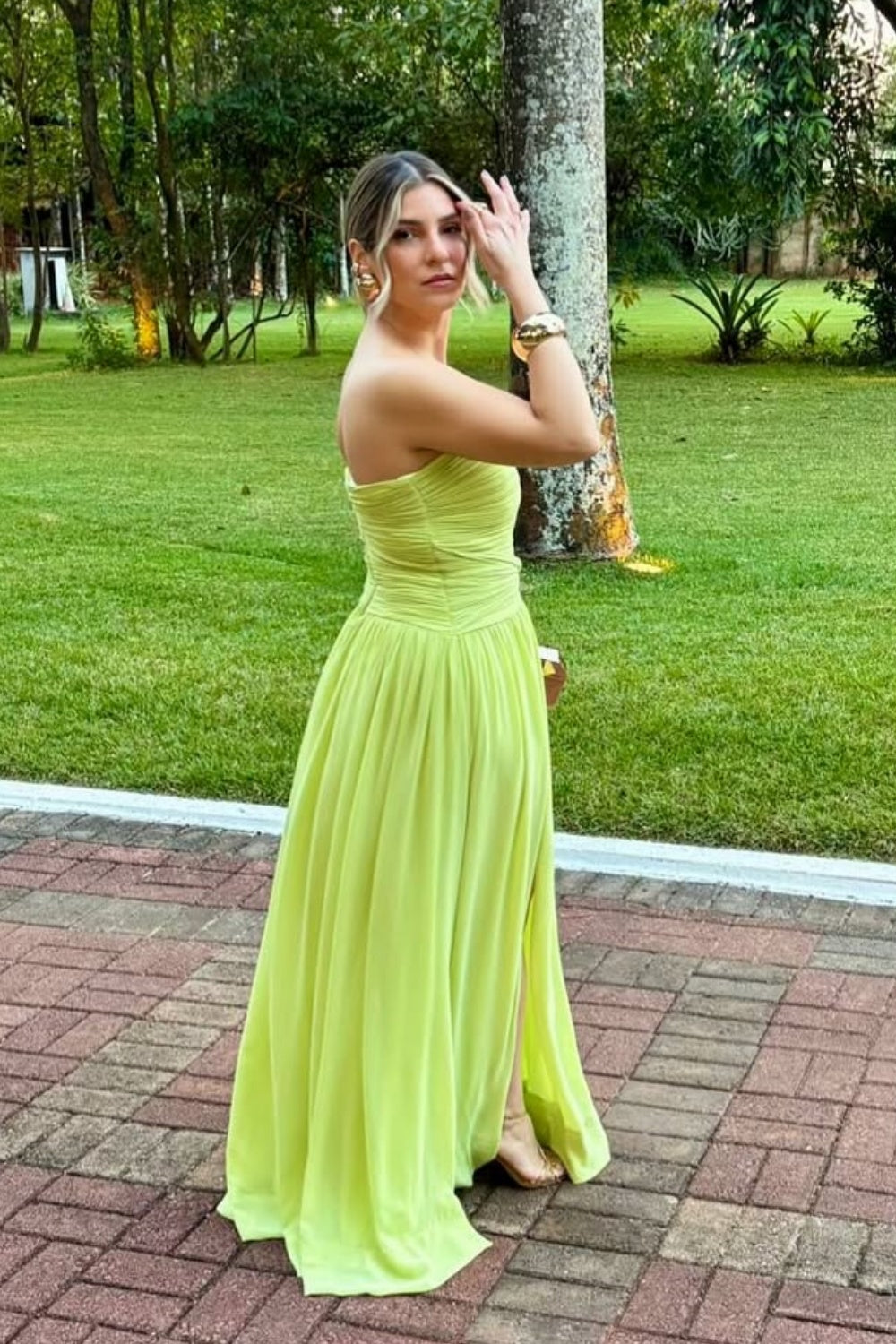 V-neck Ruched Prom Dress in Apple Green