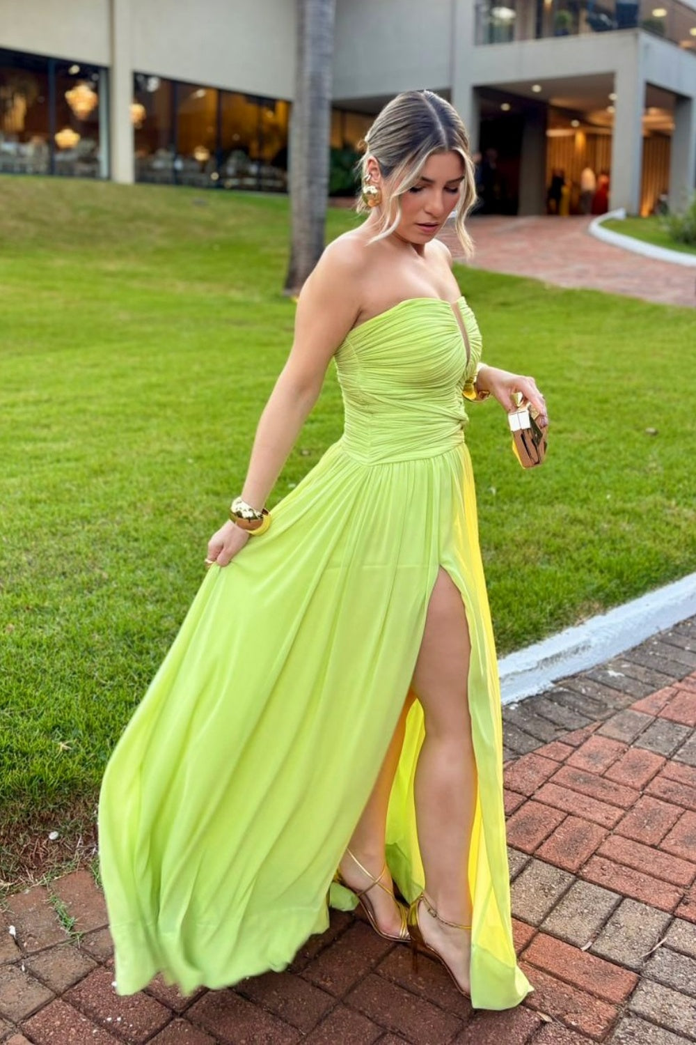 V-neck Ruched Prom Dress in Apple Green