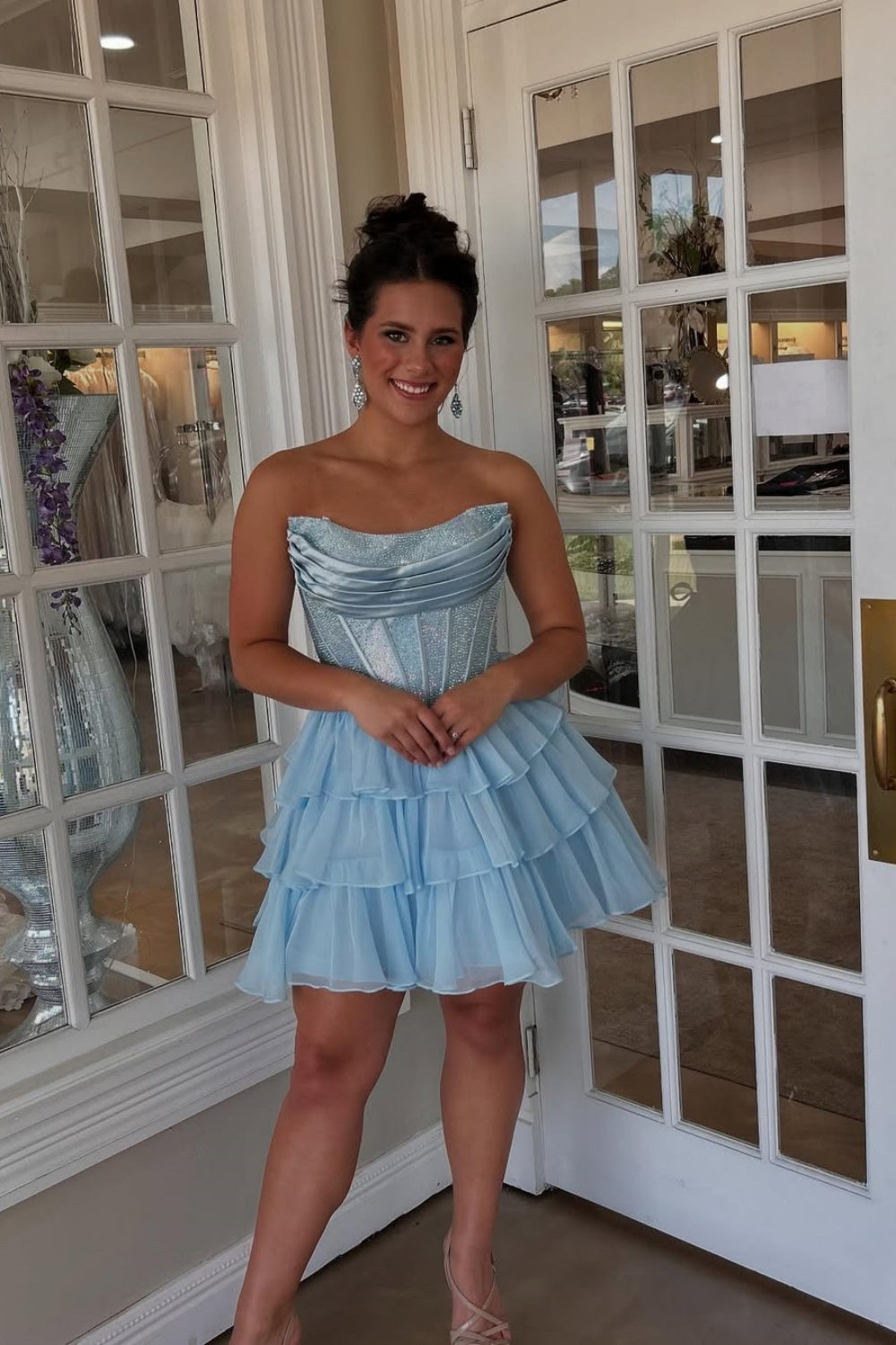 Beaded Strapless Ruched A-line Ruffle Homecoming Dress in Blue
