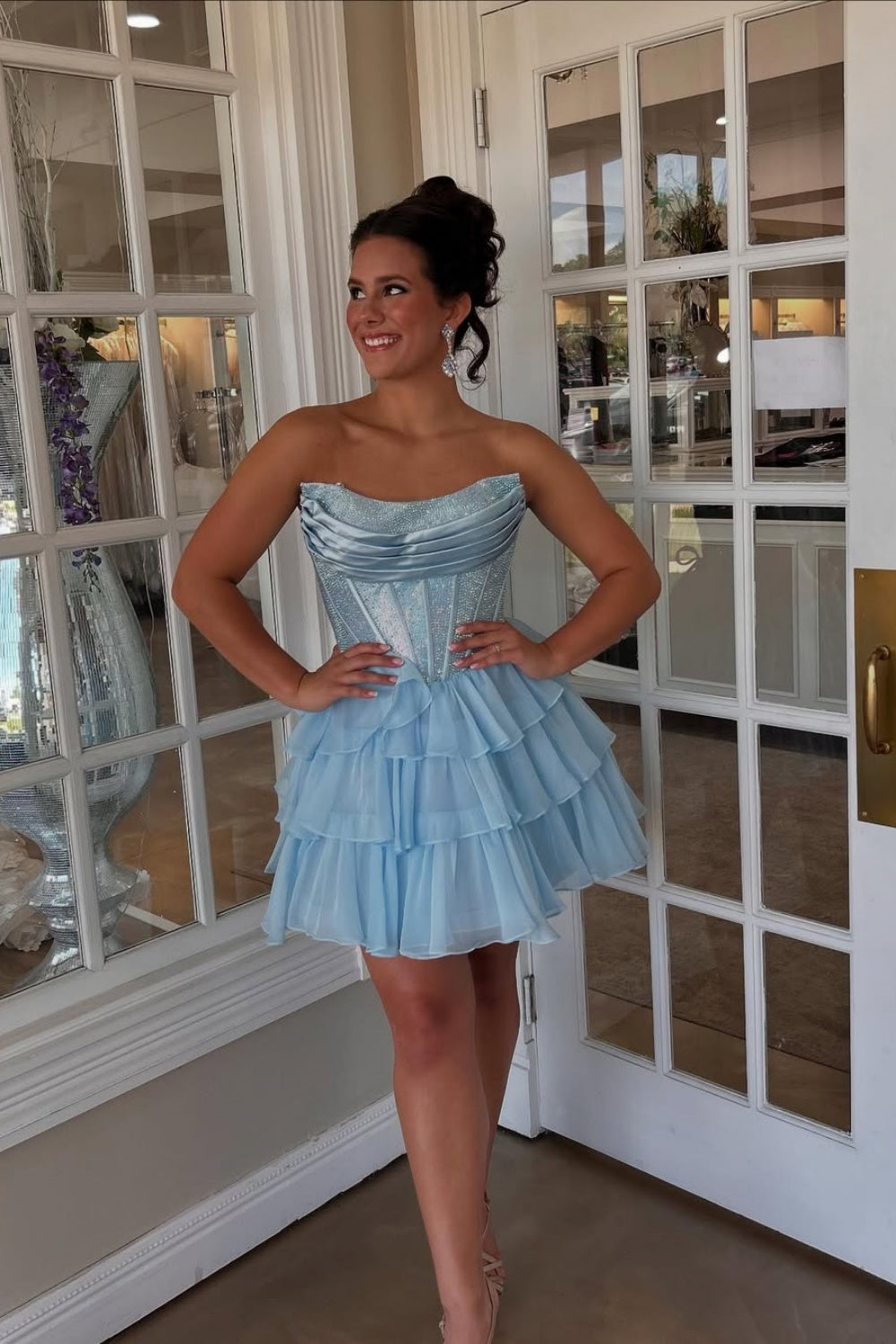 Beaded Strapless Ruched A-line Ruffle Homecoming Dress in Blue