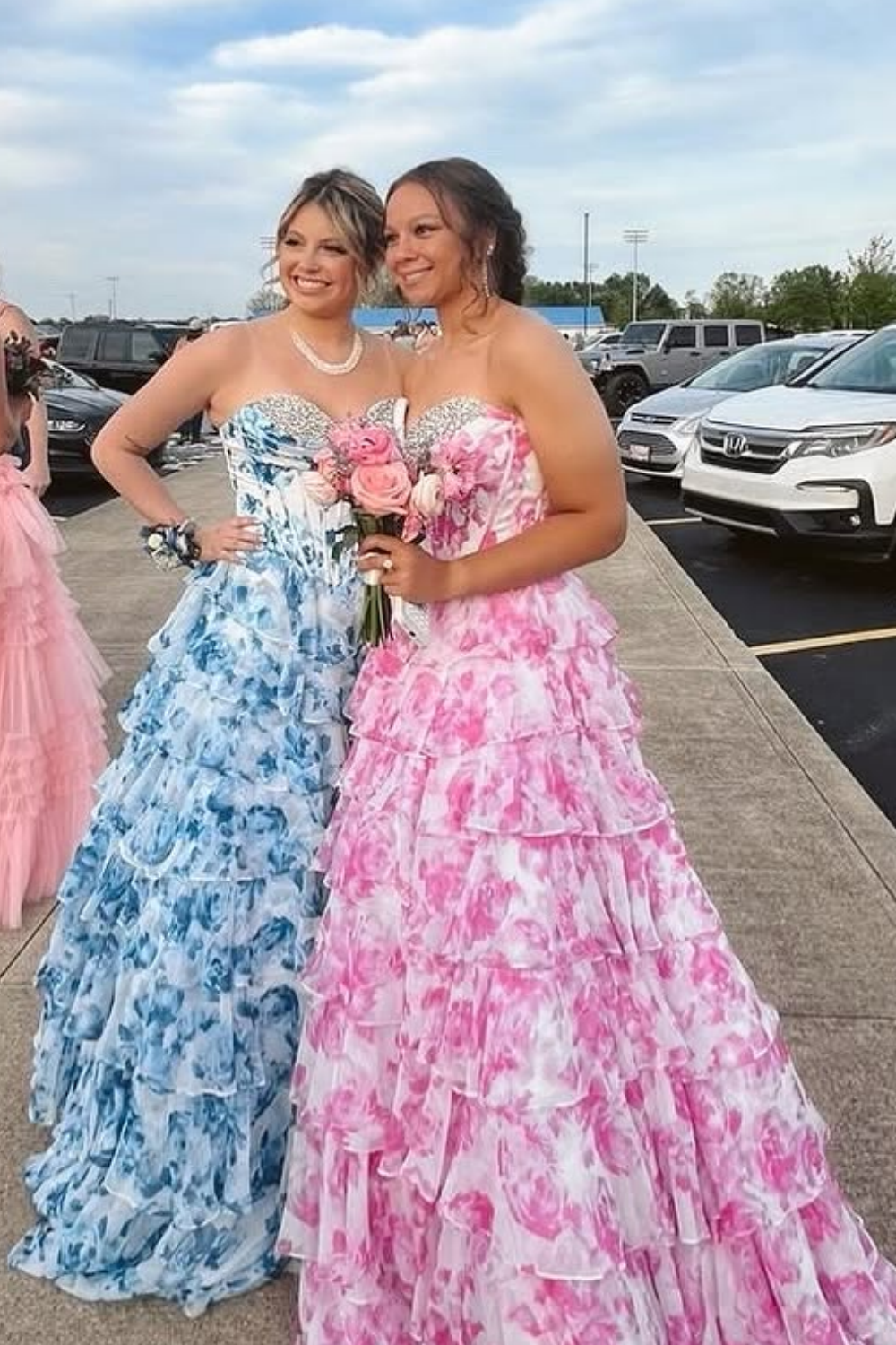 Beaded Sweetheart Ruched A-line Ruffle Prom Dress in Floral