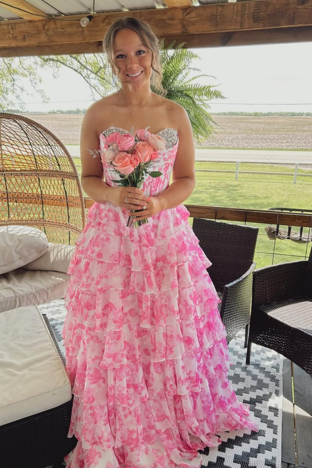 Beaded Sweetheart Ruched A-line Ruffle Prom Dress in Floral
