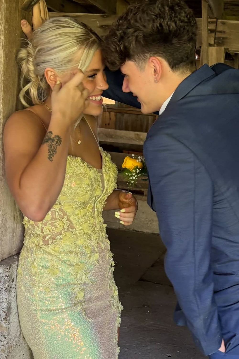 Lace Appliques Sequin Illusion Mermaid Prom Dress in Yellow