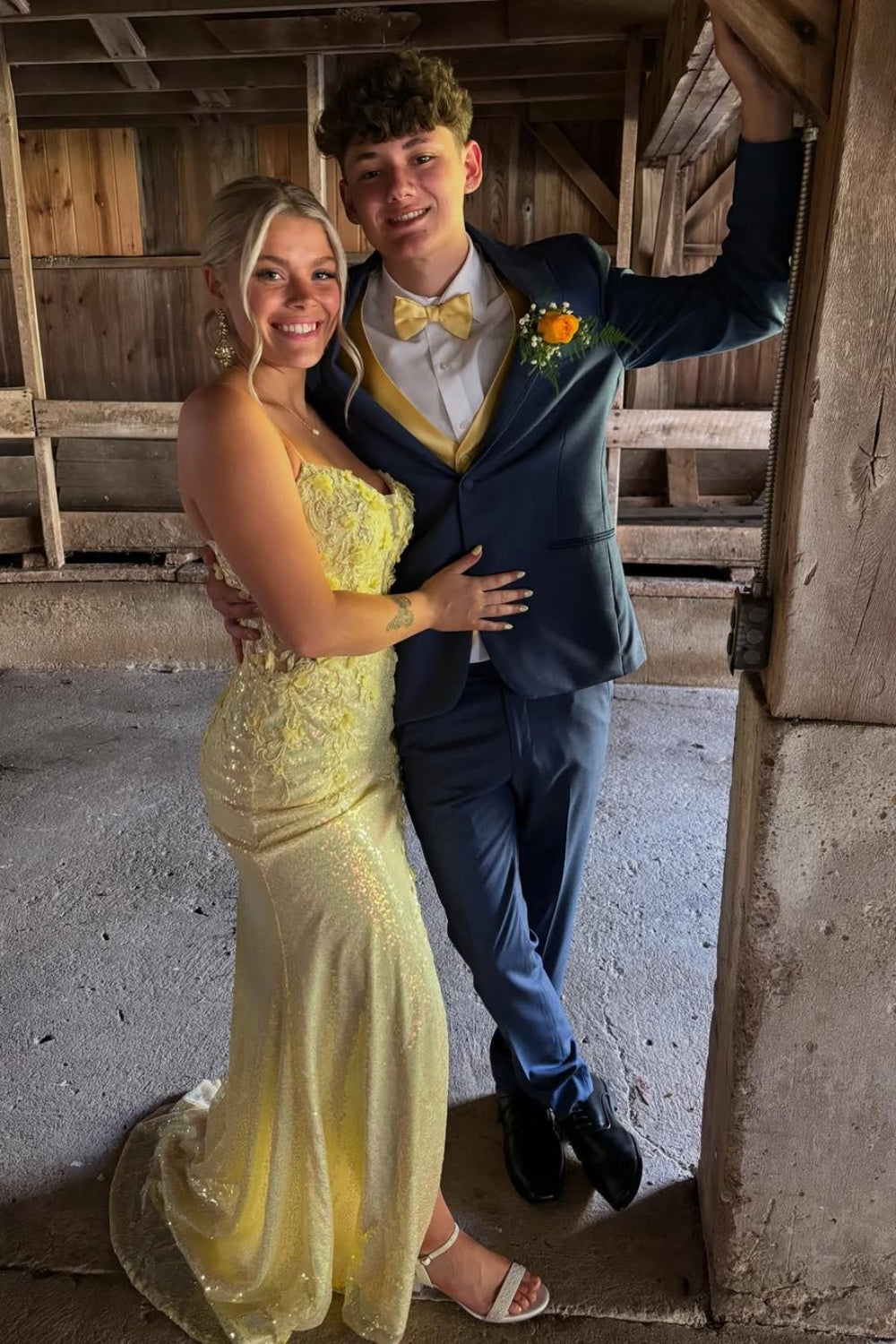 Lace Appliques Sequin Illusion Mermaid Prom Dress in Yellow