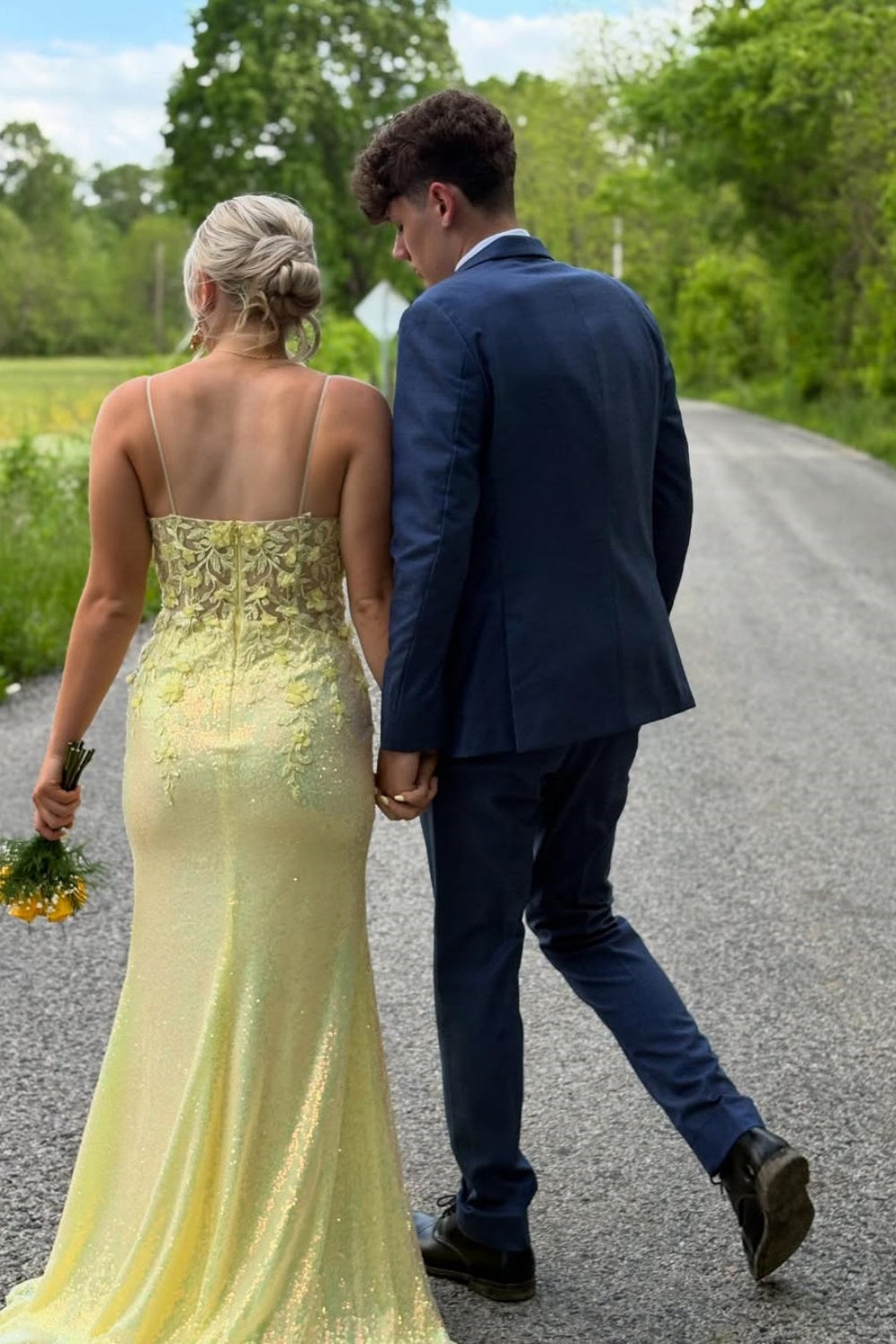 Lace Appliques Sequin Illusion Mermaid Prom Dress in Yellow