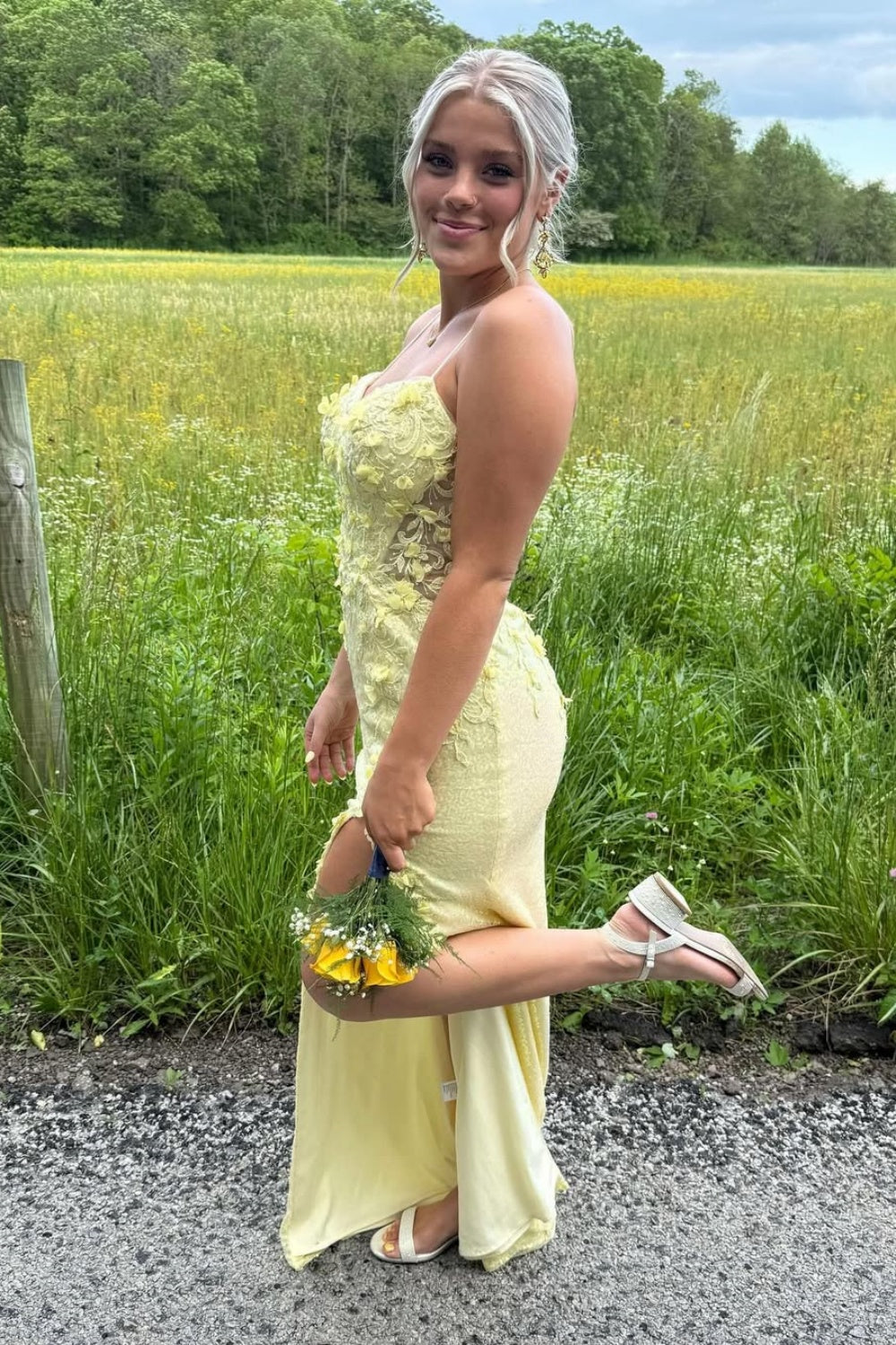 Lace Appliques Sequin Illusion Mermaid Prom Dress in Yellow