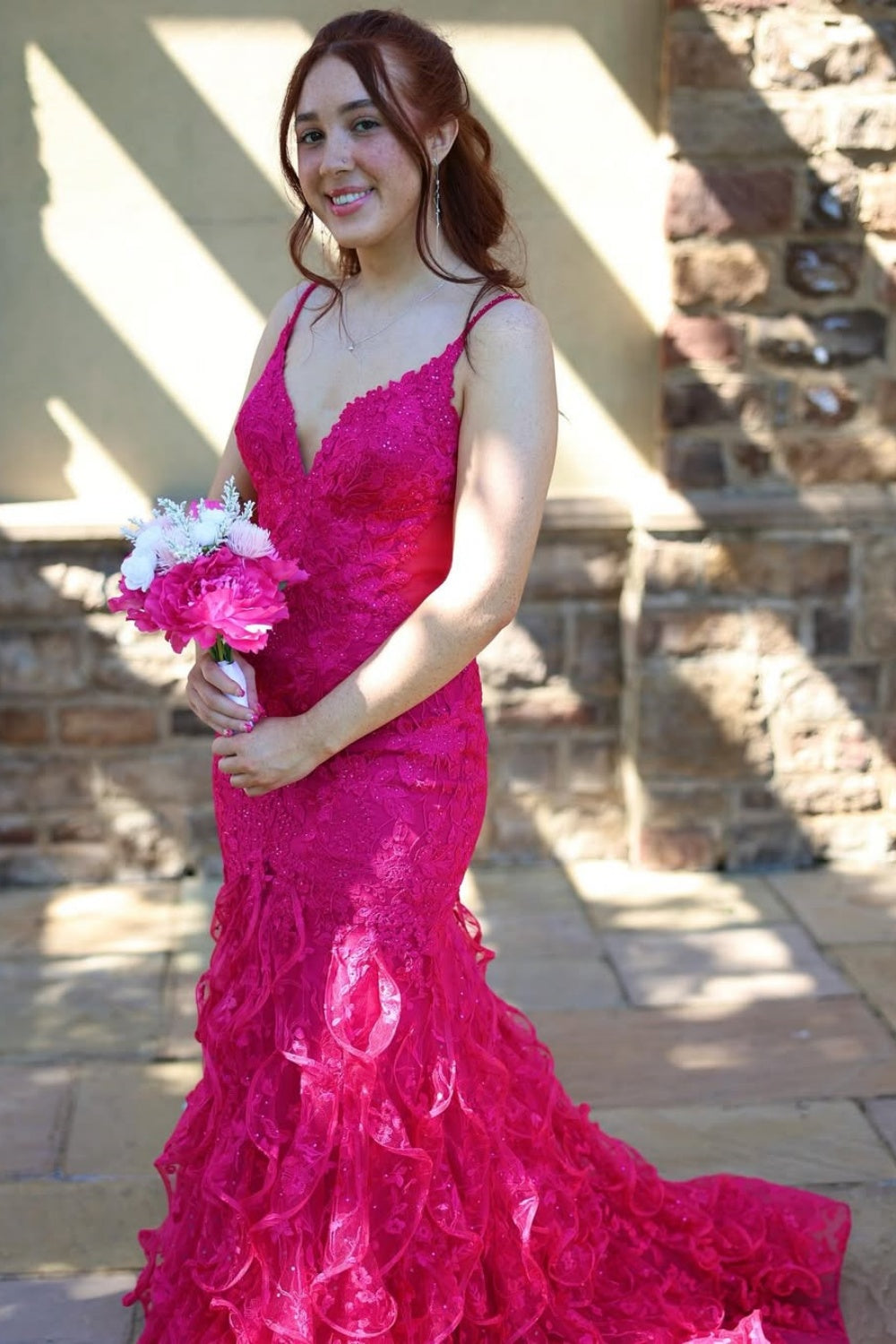 Lace Appliques V-neck Mermaid Prom Dress with Ruffle in Fuchsia