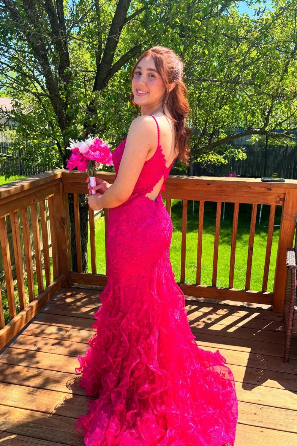 Lace Appliques V-neck Mermaid Prom Dress with Ruffle in Fuchsia