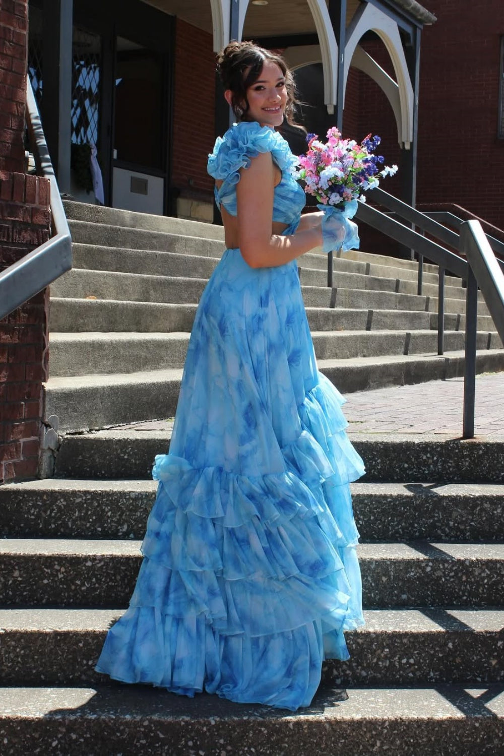 Ruffle Straps A-line Prom Dress with Keyhole in Blue