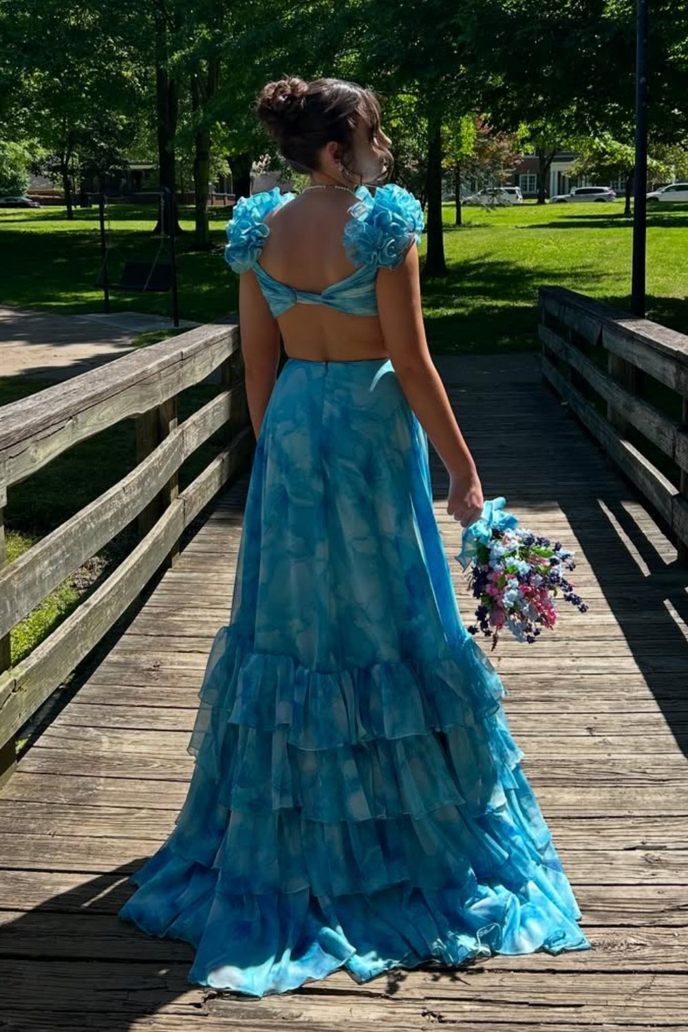 Ruffle Straps A-line Prom Dress with Keyhole in Blue