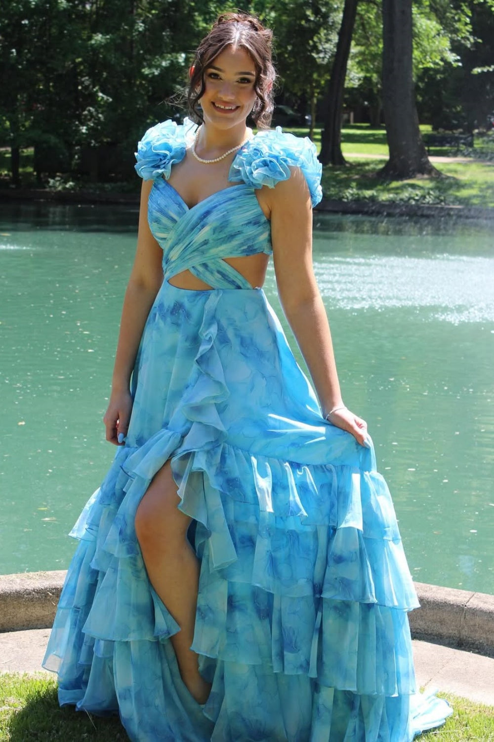 Ruffle Straps A-line Prom Dress with Keyhole in Blue