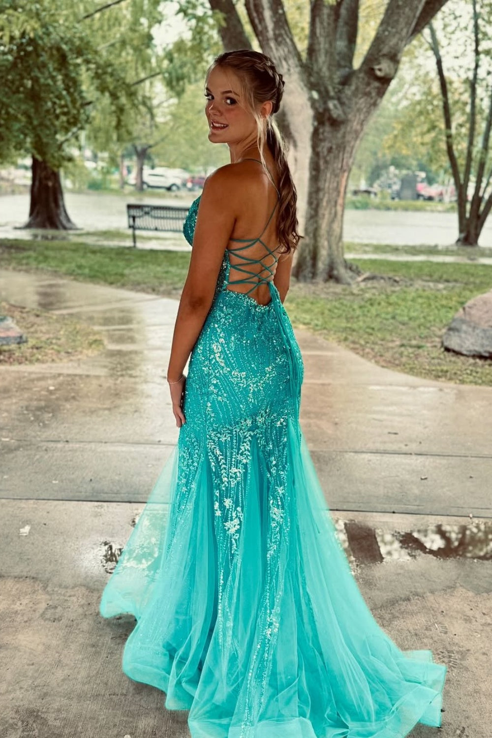Beaded Spaghetti Straps Mermaid Lace-up Prom Dress in Green