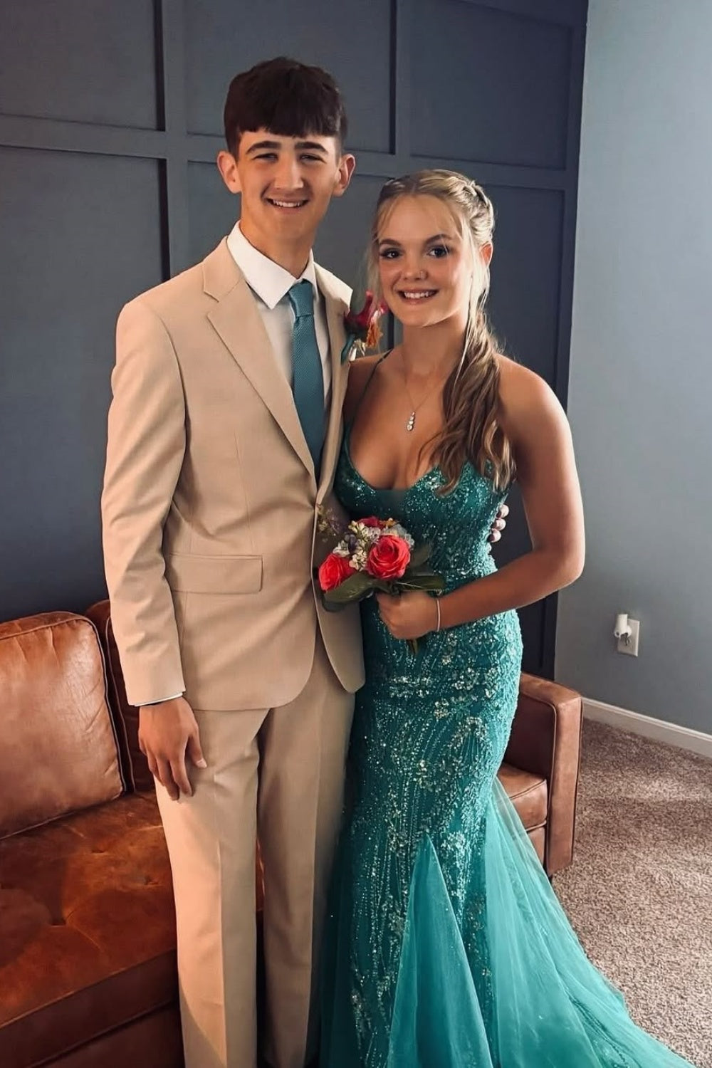Beaded Spaghetti Straps Mermaid Lace-up Prom Dress in Green