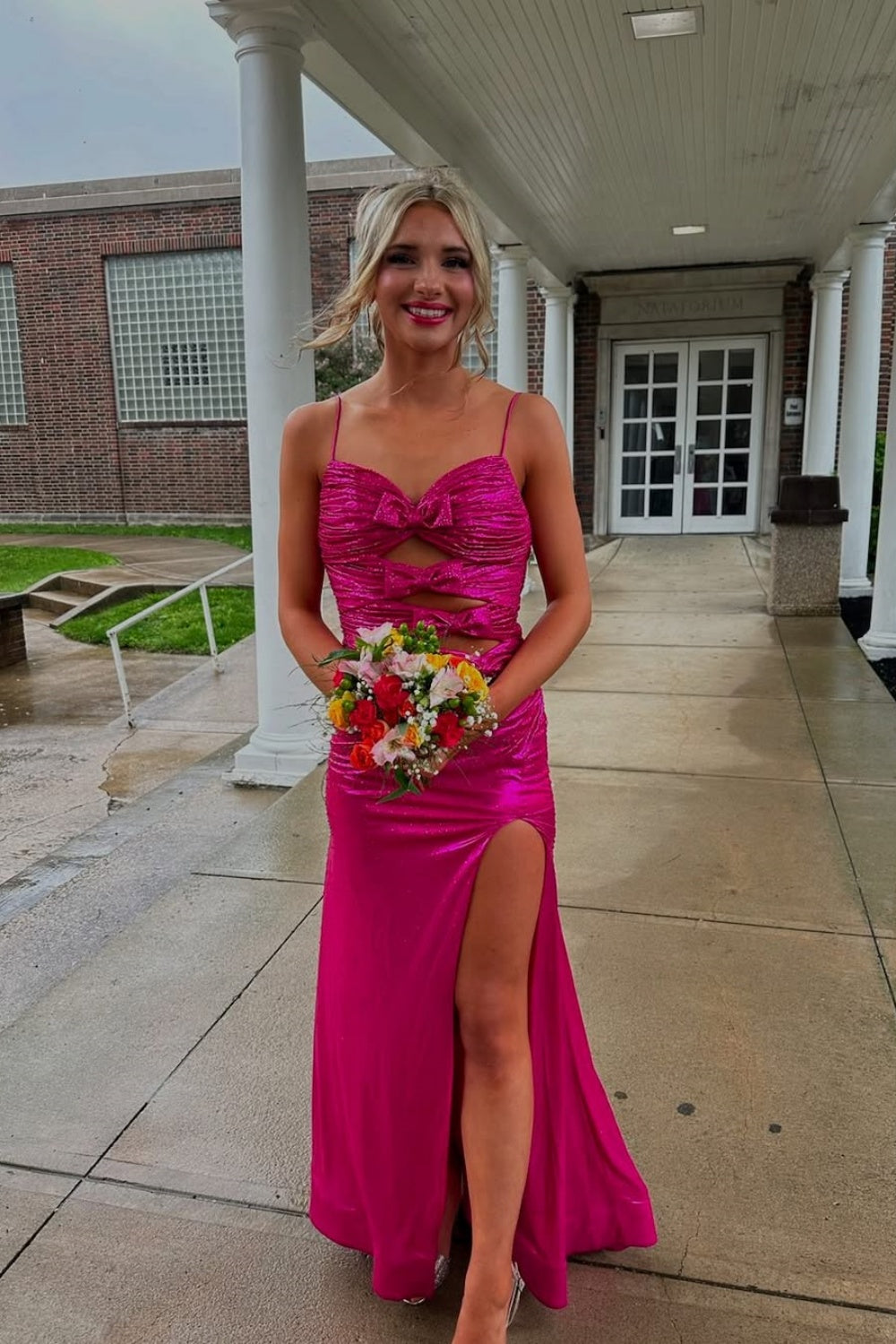 Spaghetti Straps Cut-out Mermaid Prom Dress with Bow in Fuchsia