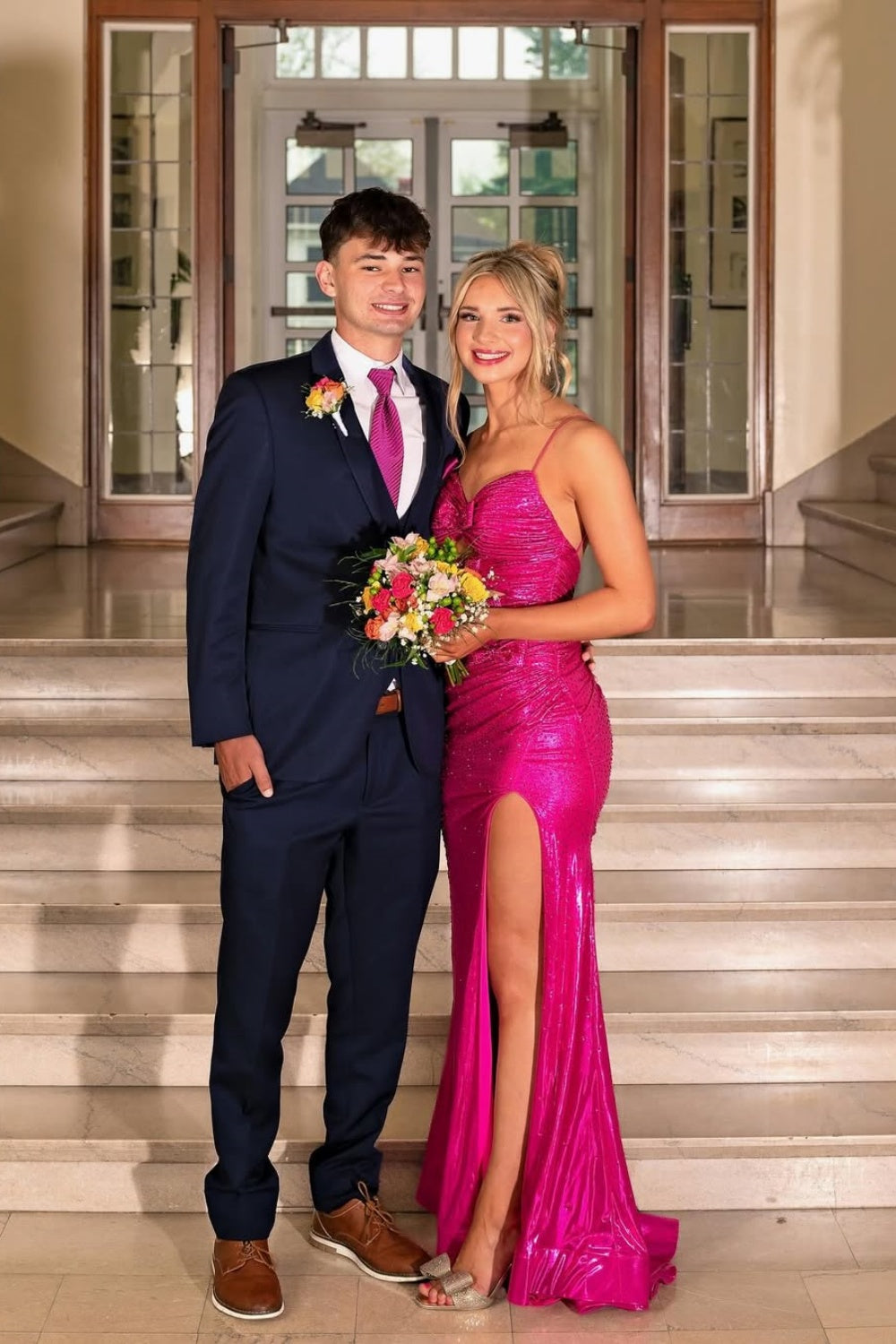 Spaghetti Straps Cut-out Mermaid Prom Dress with Bow in Fuchsia