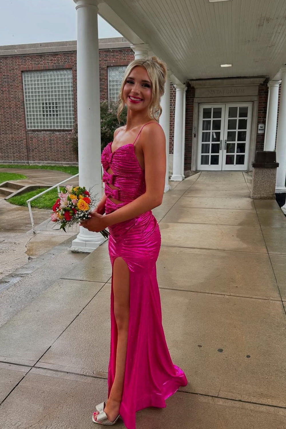 Spaghetti Straps Cut-out Mermaid Prom Dress with Bow in Fuchsia