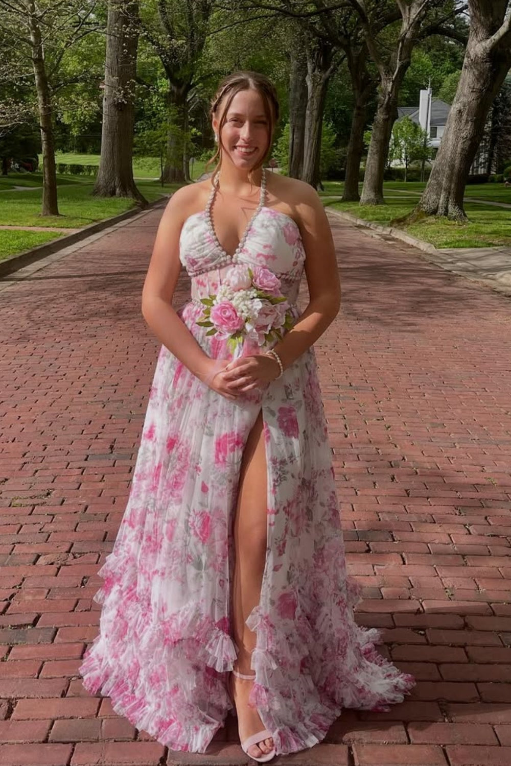 Halter Illusion A-line Lace-up Prom Dress with Ruffle in Floral