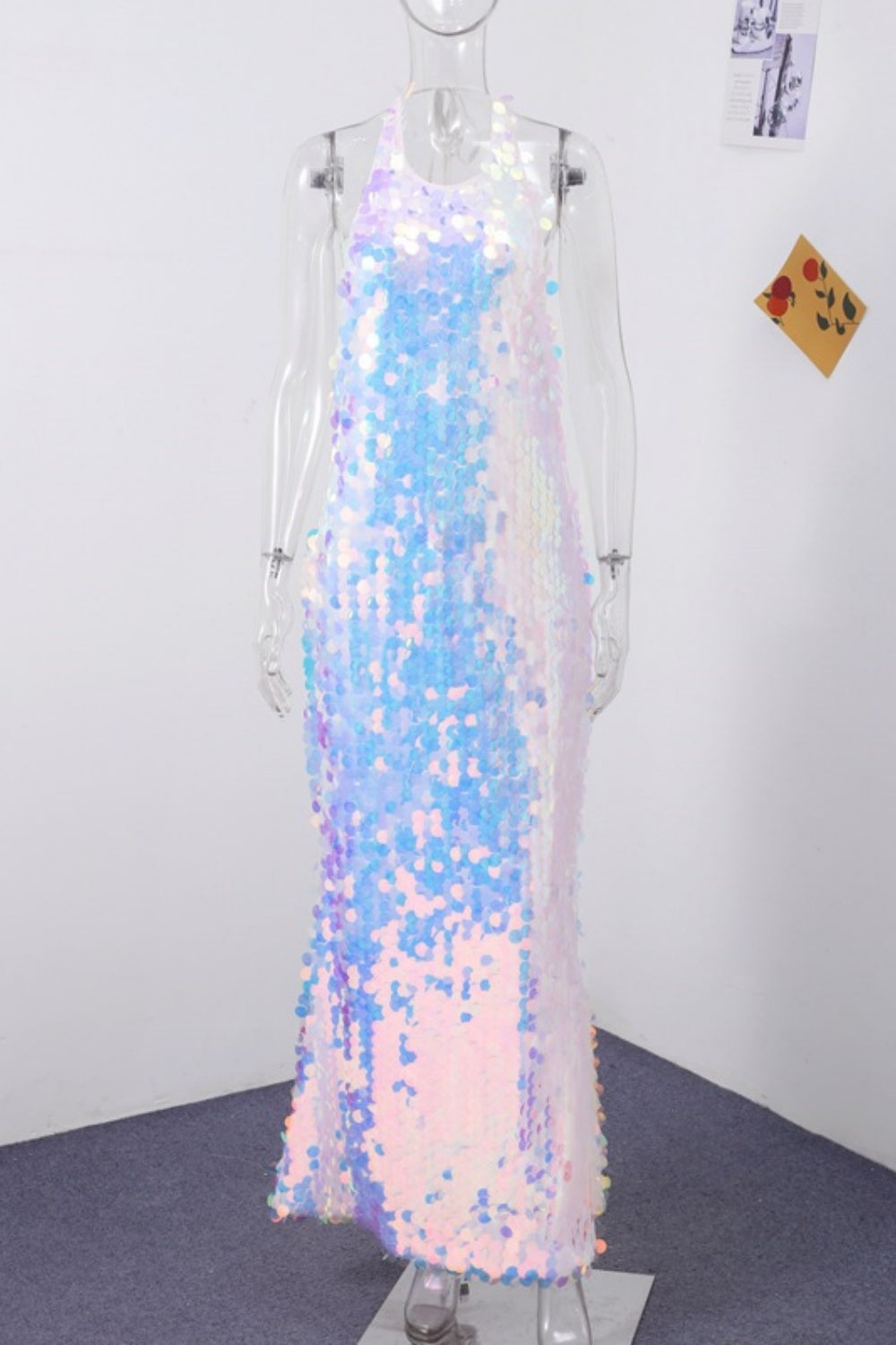 Sequin Halter Mermaid Holiday Dress in White