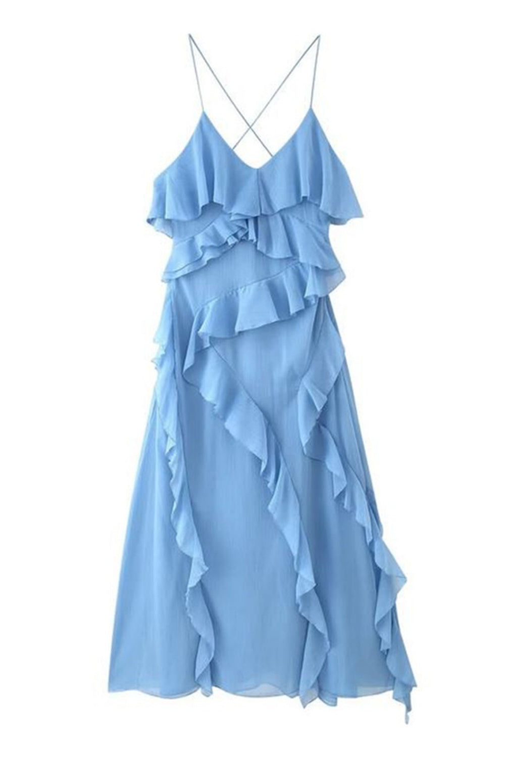 Ruffle Spaghetti Straps A-line Holiday Dress in Blue