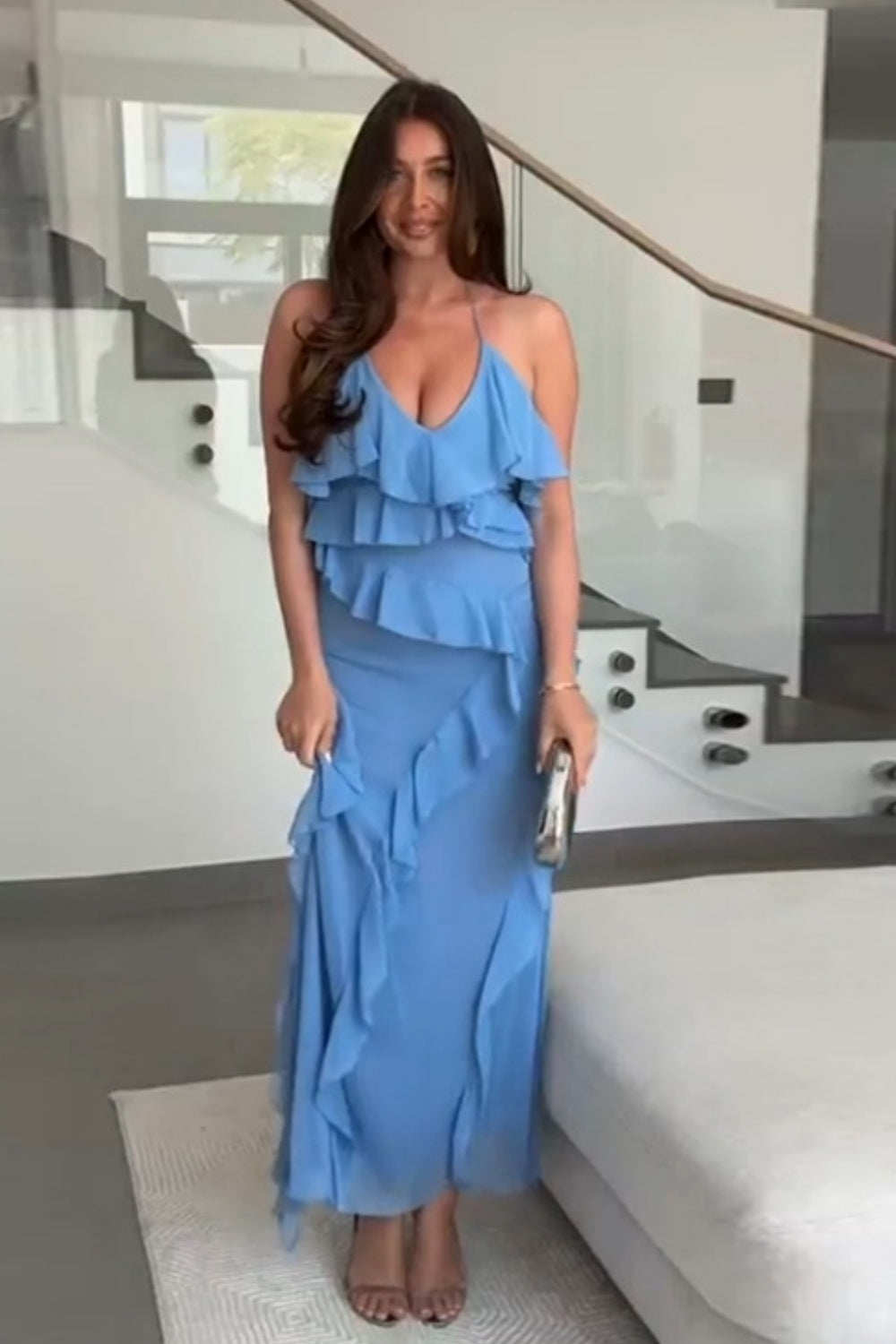 Ruffle Spaghetti Straps A-line Holiday Dress in Blue