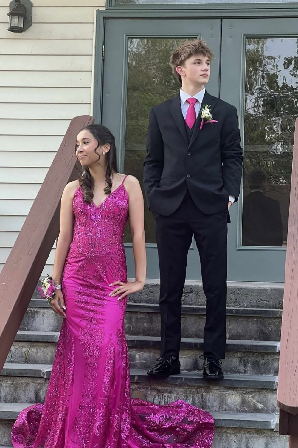 Sequin V-neck Mermaid Prom Dress in Fuchsia