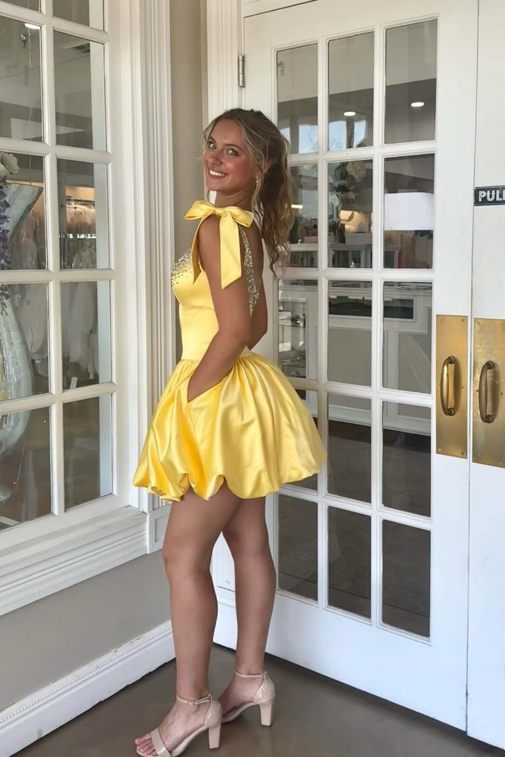 Bow Straps Beaded A-line Homecoming Dress in Yellow