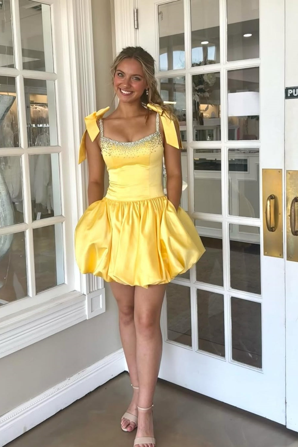 Bow Straps Beaded A-line Homecoming Dress in Yellow
