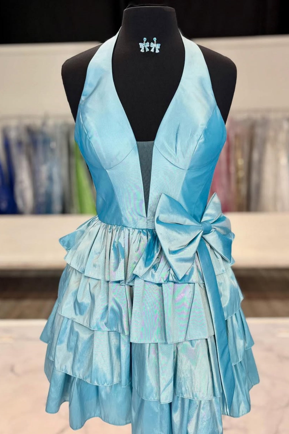 Halter Plunging V-neck A-line Ruffle Homecoming Dress with Bow in Blue