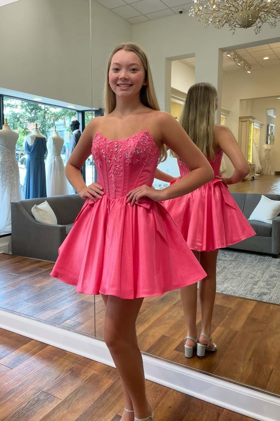 Strapless A-Line Ruched Dress with Bow in Pink
